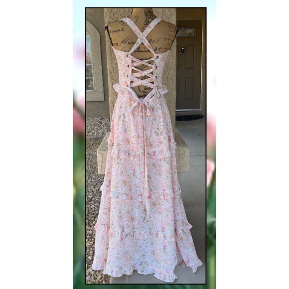 Petal and Pup Pink Floral Lillee Tiered Lace-Up Back Maxi Dress Size: XL - Picture 4 of 11